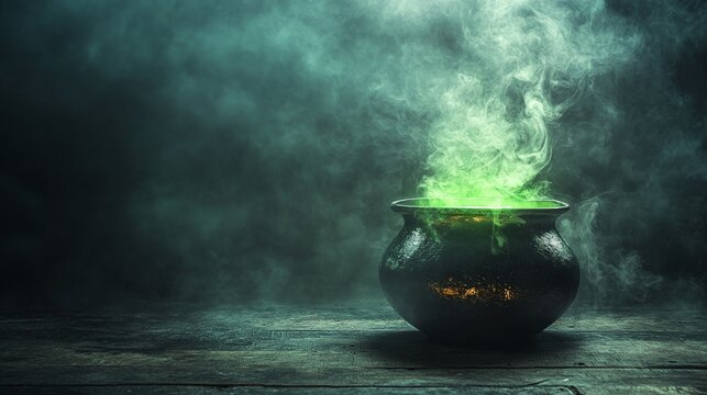 Cauldron with green potion. Foggy background