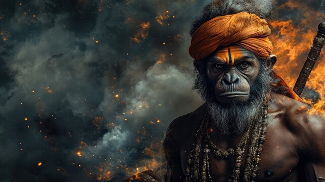 Divine figure: Hanuman, son of Vayu, central character in Ramayana, worshipped during festivals like Hanuman Jayanti, Shivaratri, reflecting his role as a leader, devoted friend of Rama, Sita