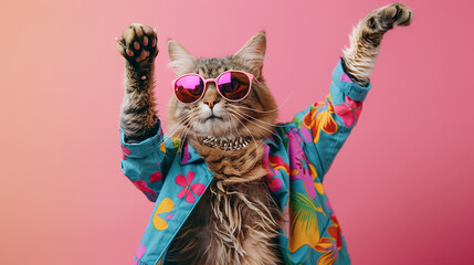 Fototapeta premium Cat wearing a bright colorful shirt and sunglasses, on a pink background. 