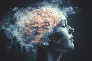 Obraz premium Profile of a woman with a glowing brain made of smoke symbolizing the ethereal nature of thoughts mental energy and the intangible aspects of the human mind
