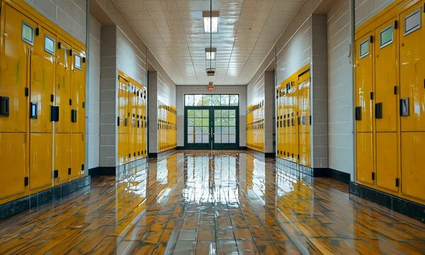 Empty school hallway with yellow lockers, wet wooden floor, and a door at the end.