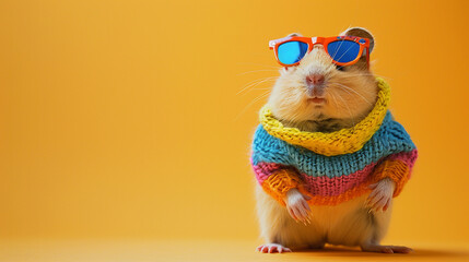 Guinea pig dressed in a colorful sweater, wearing sunglasses, on a yellow background. 