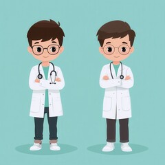 Fototapeta premium Illustration of two young doctors with stethoscopes, showcasing a friendly and professional appearance in a minimalist style.