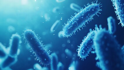 Fototapeta premium Microscopic view of bacteria floating in a blue liquid, illuminated by a bright light source.