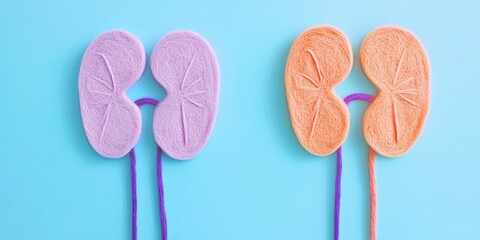 Pink and orange kidney shapes on a blue background.