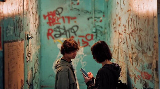 Two people contemplatively looking at graffiti-covered wall in urban setting