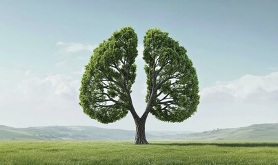 A tree shaped like a pair of lungs stands in a field against a blue sky with white clouds.