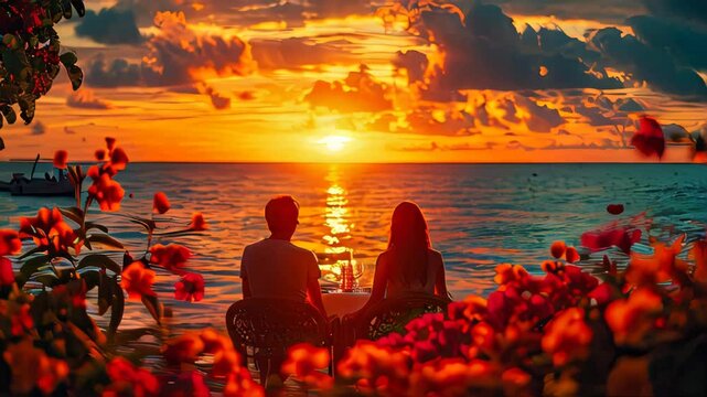 Couple in love man and woman holding hands hugging and kissing romantically at sunset, love illustration for valentine's day