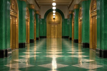 A beautifully designed corridor featuring green marble floors, golden elevator doors, and stylish lighting overhead. Generative AI