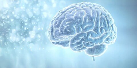 A 3D illustration of a human brain with a light blue and white background, symbolizing intelligence and mental health.