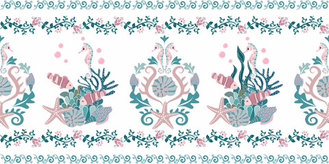 Seamless abstract textile floral border and under water world design such as starfish,seashell,seahorse, algae, coral, nemo fish,bubbles.Aquariums. Hand drawn vector illustration.