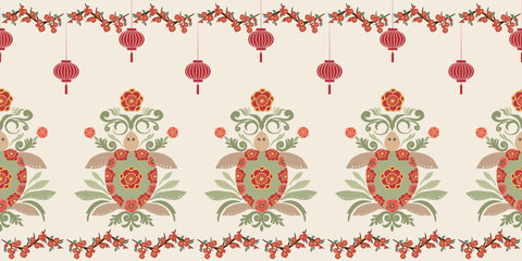 Turtles decorated with plum blossoms and lanterns as damask border fabric motifs.Cool wallpaper,fabric and more .Hand drawn vector illustration.