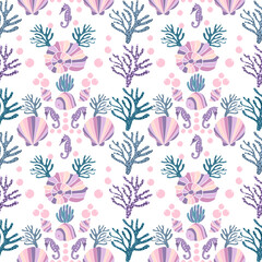 Seamless under water world design such as seashell,seahorse, algae, coral, and bubbles textile design. Cool wallpaper,fabric and more .Hand drawn vector illustration.