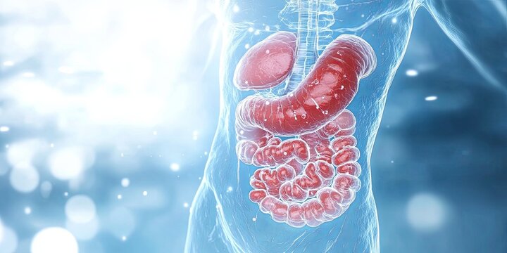 A 3D illustration of the human digestive system, highlighting the small and large intestines, with a blue background.
