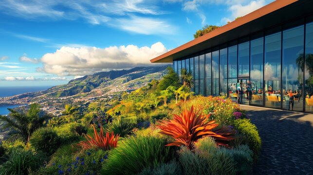 Funchal Airport is a beautiful sight with mountains, ocean, modern glass, and colorful tropical views.