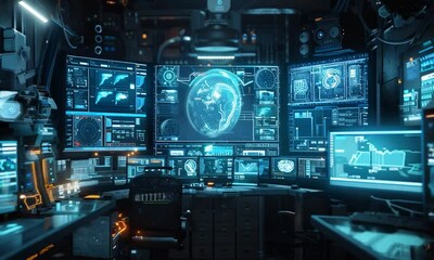 Futuristic control room with multiple monitors displaying data and a glowing brain icon. - Powered by Adobe