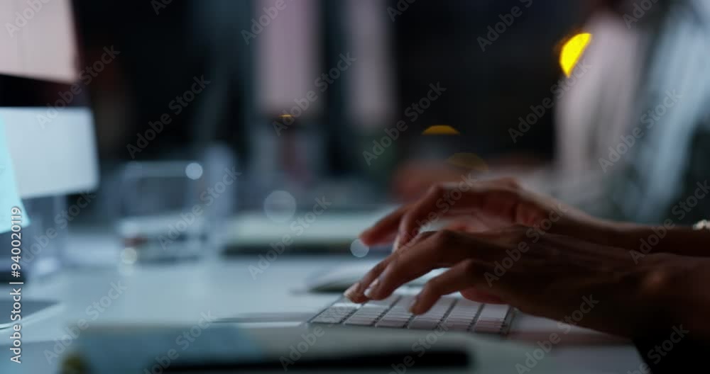 Poster hands, night or journalist typing on computer in workplace working on research or project online. bl