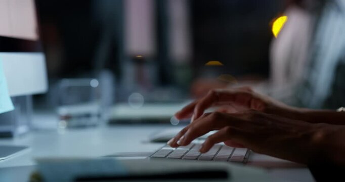 Hands, night or journalist typing on computer in workplace working on research or project online. Blog post, person or closeup of worker copywriting an email, editing article or news report in office