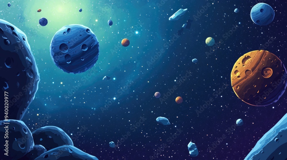 Poster 2D illustration in a cartoon drawing style featuring a 3D rendering of deep vast space Includes stars planets moons and various creative science fiction backdrops showcasing space art and alien so