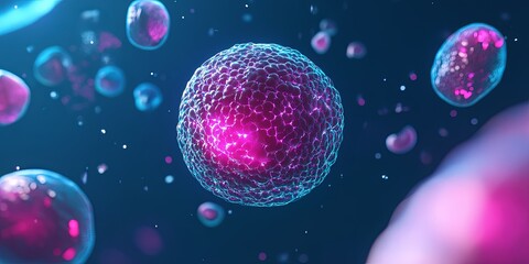 Fototapeta premium A 3D rendering of a cell with a glowing nucleus. The cell is surrounded by other cells in a dark blue background.