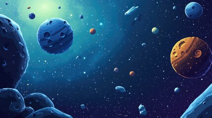 Naklejka premium 2D illustration in a cartoon drawing style featuring a 3D rendering of deep vast space Includes stars planets moons and various creative science fiction backdrops showcasing space art and alien so