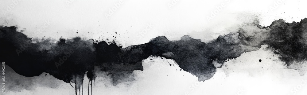 Poster Black ink and watercolor textures on a white paper background in a 3D cartoon rendering Features paint leaks and ombre effects in a hand painted abstract style