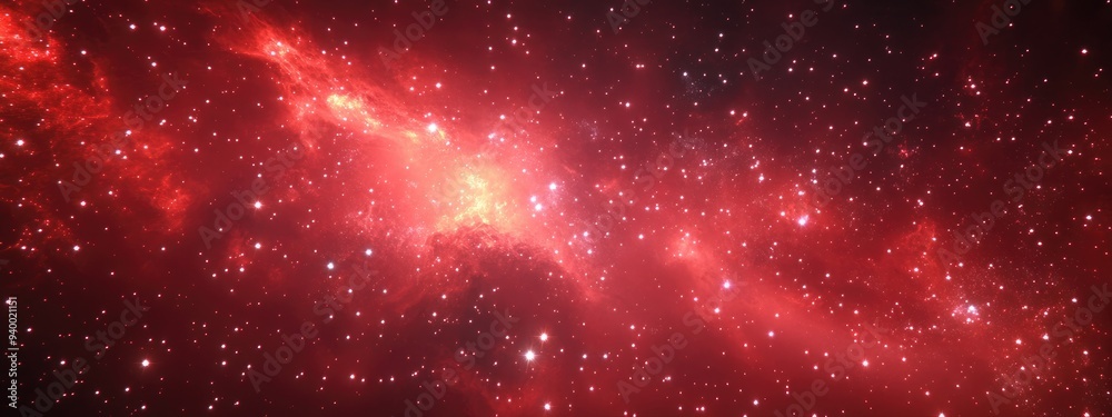 Poster Space scene in a 3D cartoon rendering featuring a panorama of a red universe filled with stars a nebula and a galaxy