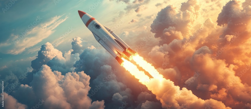 Poster modern space rocket in a beautiful cloudy sky 3d cartoon rendering