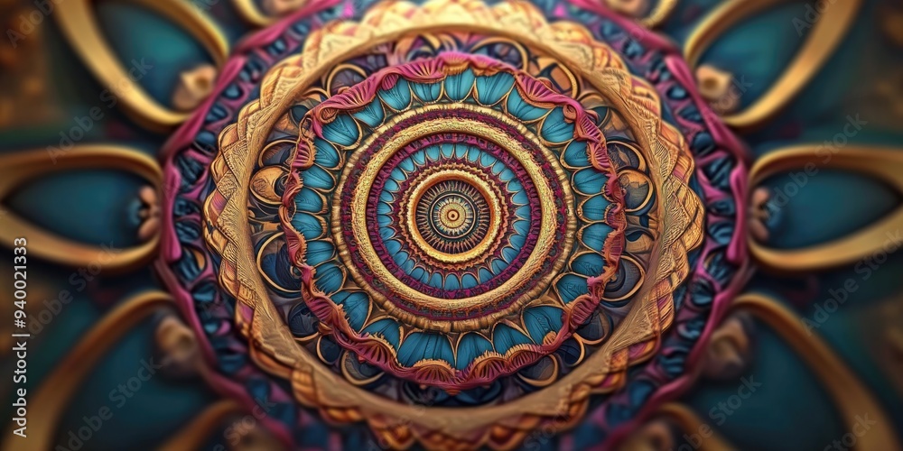 Poster Beautiful mandala in a 3D cartoon rendering Abstract fractal shapes and patterns Infinite universe with a mysterious psychedelic relaxation design Dynamic flowing natural forms Sacred geometry