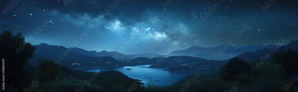 Poster 3d cartoon rendering showcasing a view of the stars over a scenic landscape