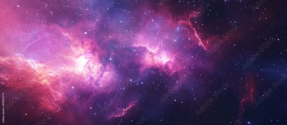 Poster 360 degree interstellar cloud of dust and gas depicted in 3D cartoon rendering Space background featuring a glowing nebula and stars Environment includes 360deg HDRI map in equirectangular project