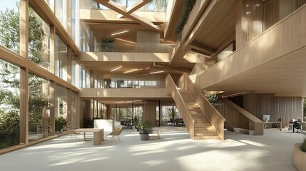 Modern Wooden Office Building Interior with Staircase and Natural Light