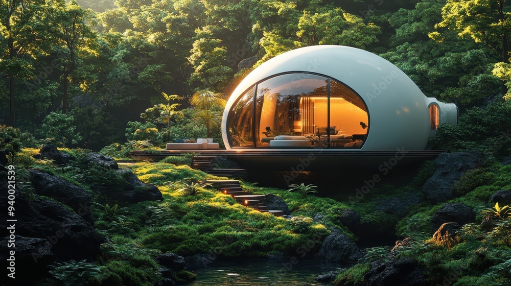 Sticker modern dome house in lush green forest