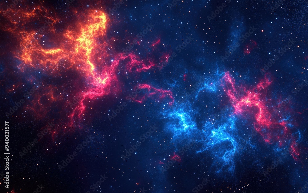 Poster Dark blue nebula with stars and fiery red explosions rendered in 3D cartoon style in outer space Abstract fractal art background