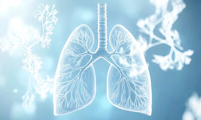 A translucent anatomical representation of human lungs against a blue background with tree branches.