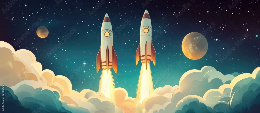 Aufkleber cartoon rendering of rockets launching into the starry sky showcasing the concept of space explorati