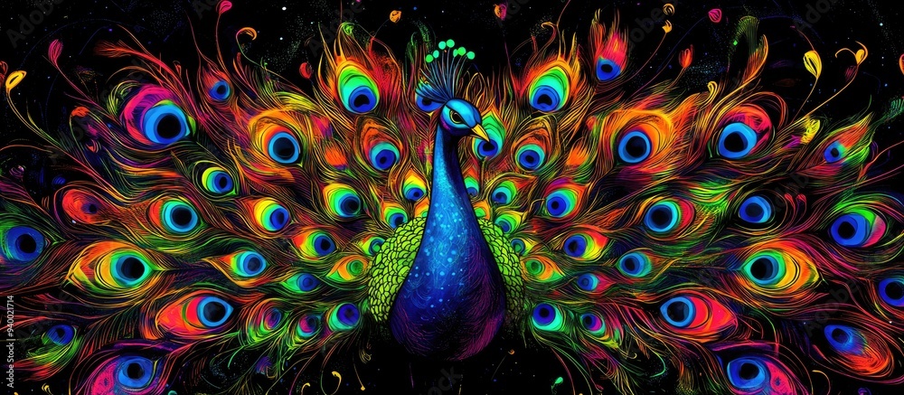 Poster fluorescent peacock outline in a colorful 3d cartoon rendering concept of a rainbow peacock with cos