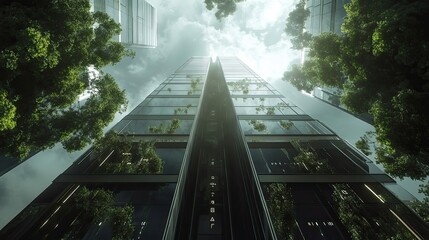 A Modern Skyscraper Reflecting Green Trees