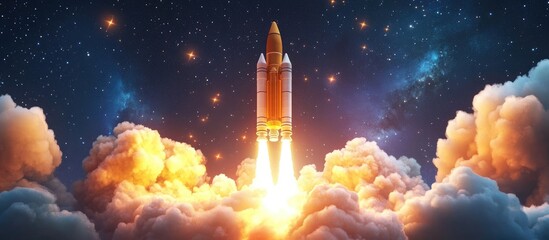 Space rocket with a blast and puffs of smoke successfully lifts off into the starry sky in this 3D cartoon rendering marking the beginning of a space mission Rocket launch