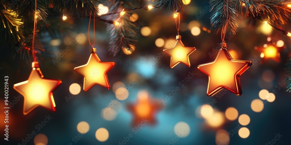 Poster Festive Christmas background with an elegant abstract design featuring lights and stars in a 3D cartoon rendering