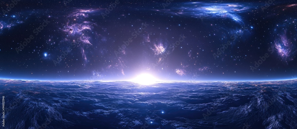 Poster 360 degree space background with nebula and stars featuring a 3D cartoon rendering equirectangular projection and environment map in HDRI spherical panorama 3D illustration