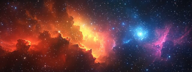 Fototapeta premium Colorful space background featuring a 3D cartoon rendering of stars and nebula gas clouds in deep outer space science fiction illustration
