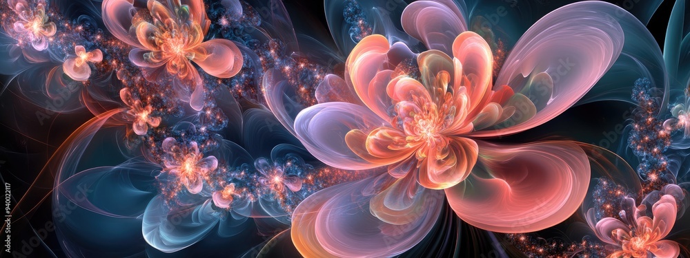 Poster Abstract fractal shapes and patterns rendered in 3D cartoon style featuring dynamic flowing natural forms flowers and spirals
