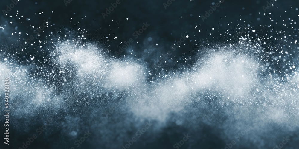 Poster 3d cartoon depiction of a freeze motion effect with white particles against a dark backdrop abstract