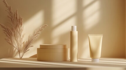 Beige Cream Jar and Tube Mockup with Dried Pampas Grass on Beige Background