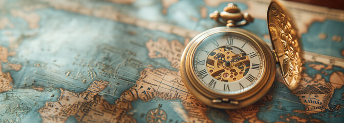 A vintage pocket watch lies on an old world map, conjuring themes of travel, exploration, and the passage of time.