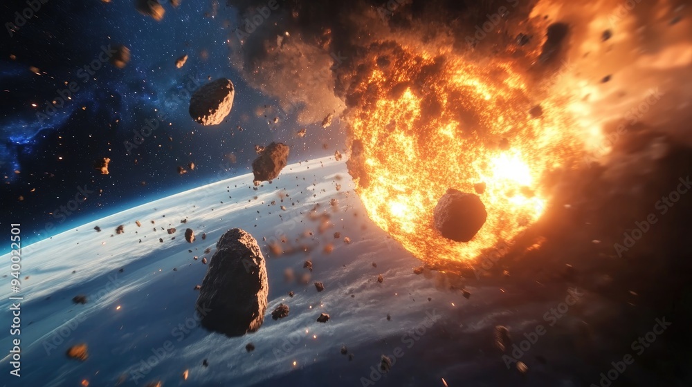 Poster cartoon rendering in 3d depicting an asteroid attack on earth