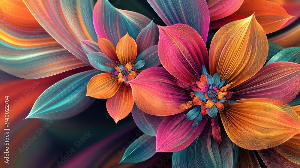 Poster colorful floral fractal abstract art featuring a 3d cartoon rendering with a beautiful multicolor ba