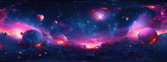 360 degree stellar system and gas nebula in 3D cartoon rendering Spherical panorama equirectangular projection and HDRI map for virtual reality background 3D illustration