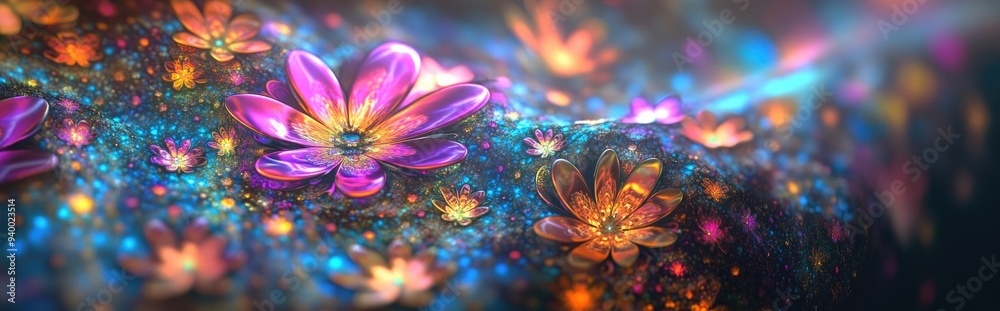 Poster Colorful floral fractal abstract art featuring a beautiful 3D cartoon rendering This graphic modern art with a digital fantasy effect serves as a trendy desktop wallpaper and is suitable for banne